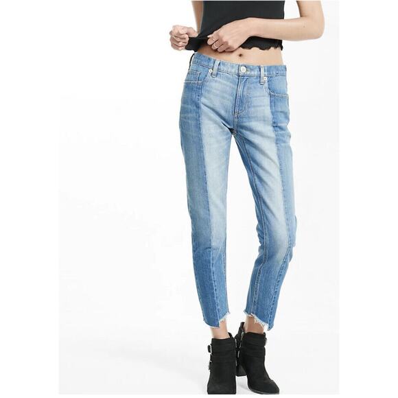 EXPRESS Mid Rise Raw Hem Pieced Original Girlfriend Crop Jeans sz 8 Reg - Picture 1 of 8